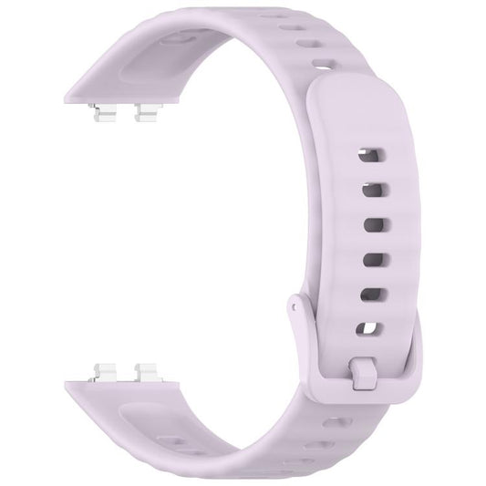 Light purple silicone watch band shown unfastened, with buckle and adjustment holes