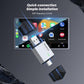 USB-connected car adapter with white plug and black module, ready for quick in-car setup