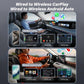 Car media adapter for wireless mirroring, with white USB plug and black connector for dashboard use