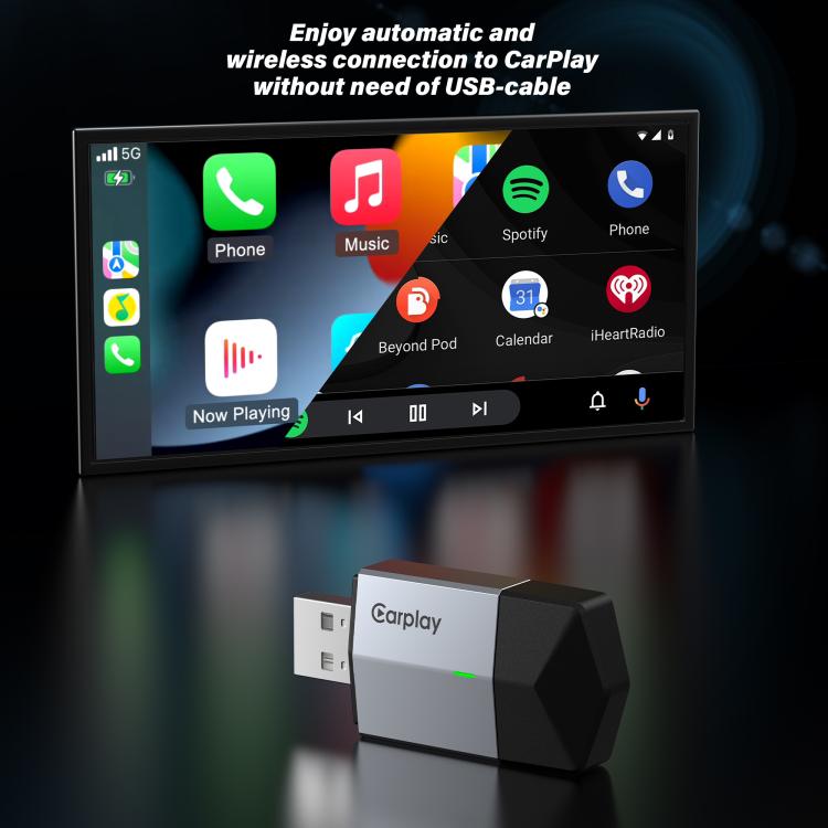 Wireless car media adapter with USB plug, white top and black sides, green indicator light