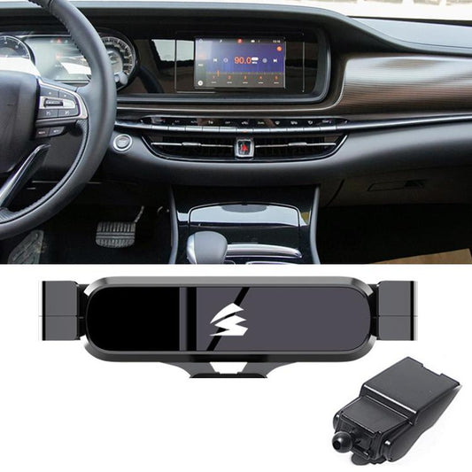 Car vent-mounted gravity phone holder with metal cradle and adjustable side arms