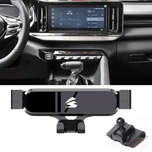 Car air vent metal gravity phone holder with black cradle and mounting clip