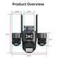 Wireless PTZ security camera with triple-lens front and two side cameras, size diagram