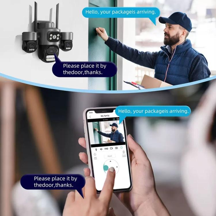 Wireless triple-lens PTZ security camera with dual antennas, wall-mount view
