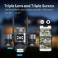Wireless PTZ security camera with three-lens turret and panoramic triple-screen design