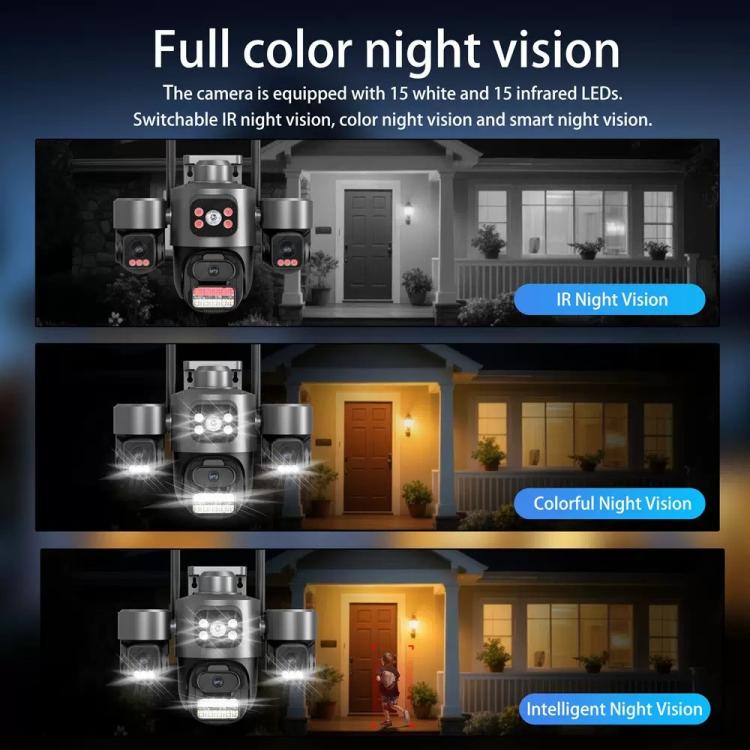 Wireless PTZ security camera with night vision LED array, triple-lens turret