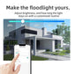 Wireless PTZ floodlight camera with adjustable light control, triple-lens turret