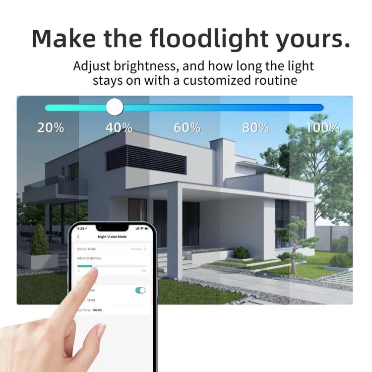 Wireless PTZ floodlight camera with adjustable light control, triple-lens turret