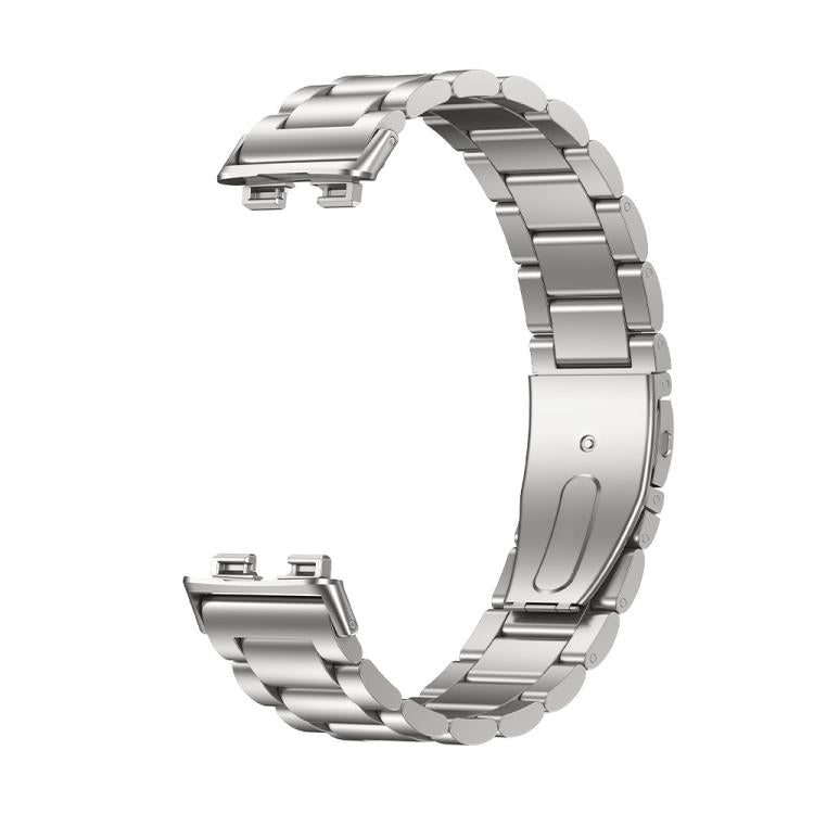 Silver titanium alloy watch band with three-bead links and folding clasp