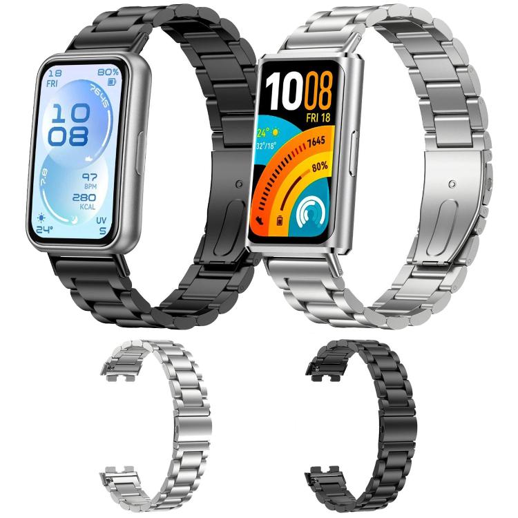 Black and silver three-bead titanium alloy watch bands shown with smartwatches
