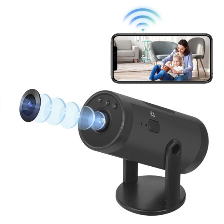 Black WiFi security camera with adjustable stand and wide lens housing