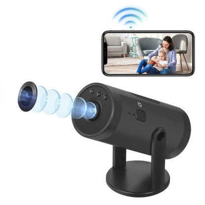 Black WiFi security camera with adjustable stand and wide lens housing