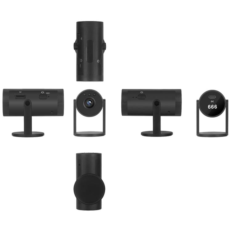 Set of views of a black WiFi security camera on a tabletop stand