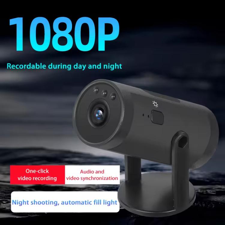 Black WiFi security camera on adjustable base, front lens facing forward