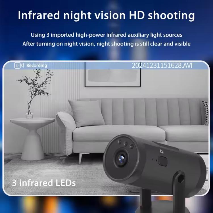 WiFi monitoring camera with lens, shown in front of an indoor living room scene