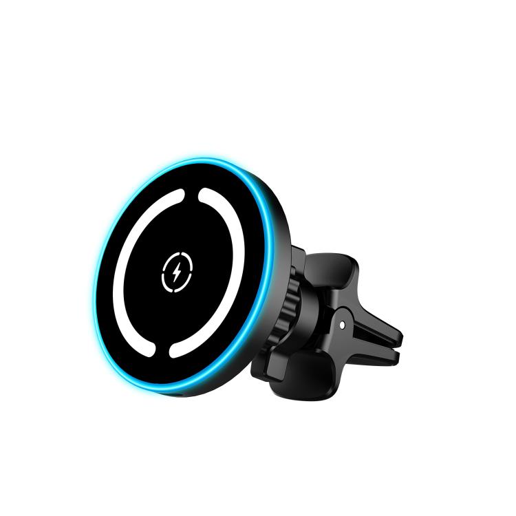 Black car wireless charger with blue LED ring and clip-style phone holder
