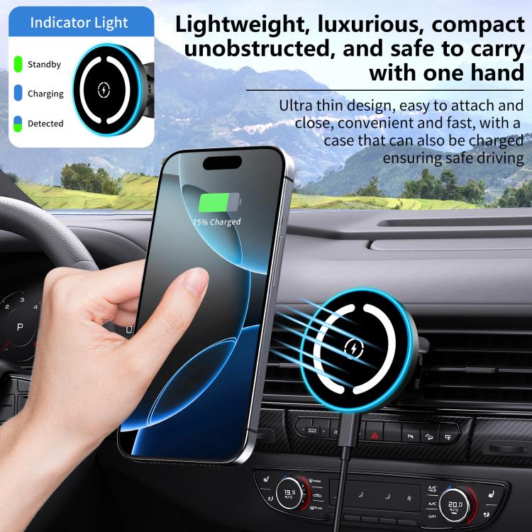 Black magnetic car wireless charger holding a phone near the dashboard air vent