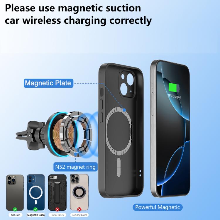 Black wireless charger with magnetic plate shown and phone aligned on the mount