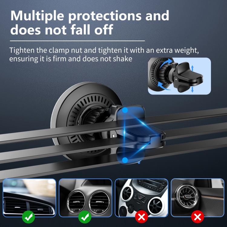 Black magnetic car wireless charger with blue light indicator and secured clamp mount