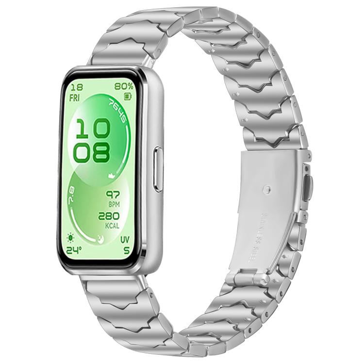 Silver textured stainless steel watch band with folding clasp, shown attached to a smartwatch