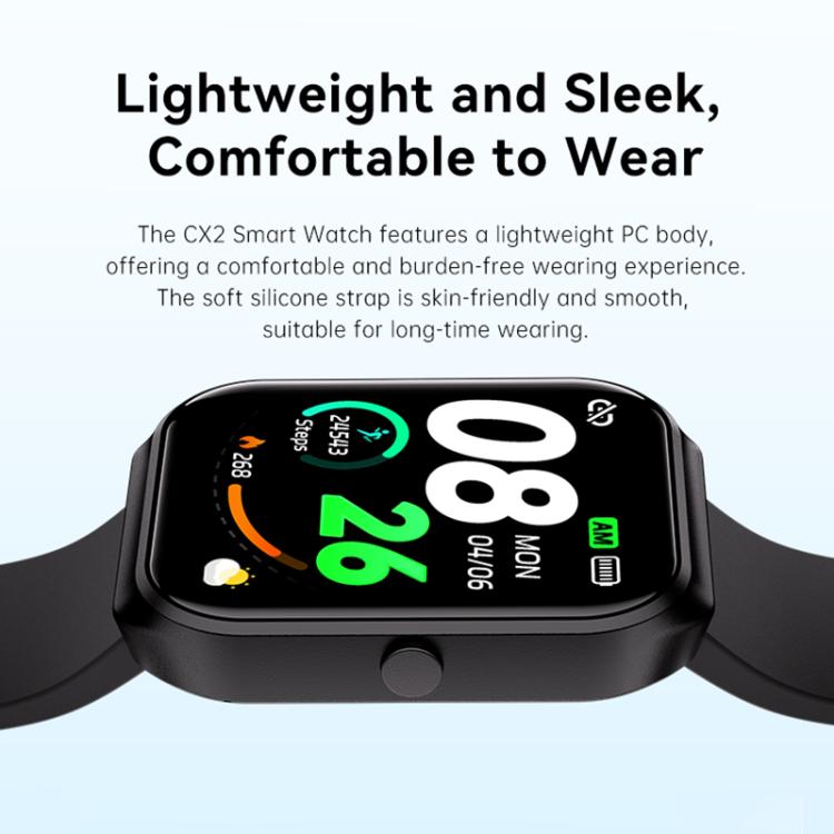 CX2 smart watch side view showing rectangular display, case button, and black strap