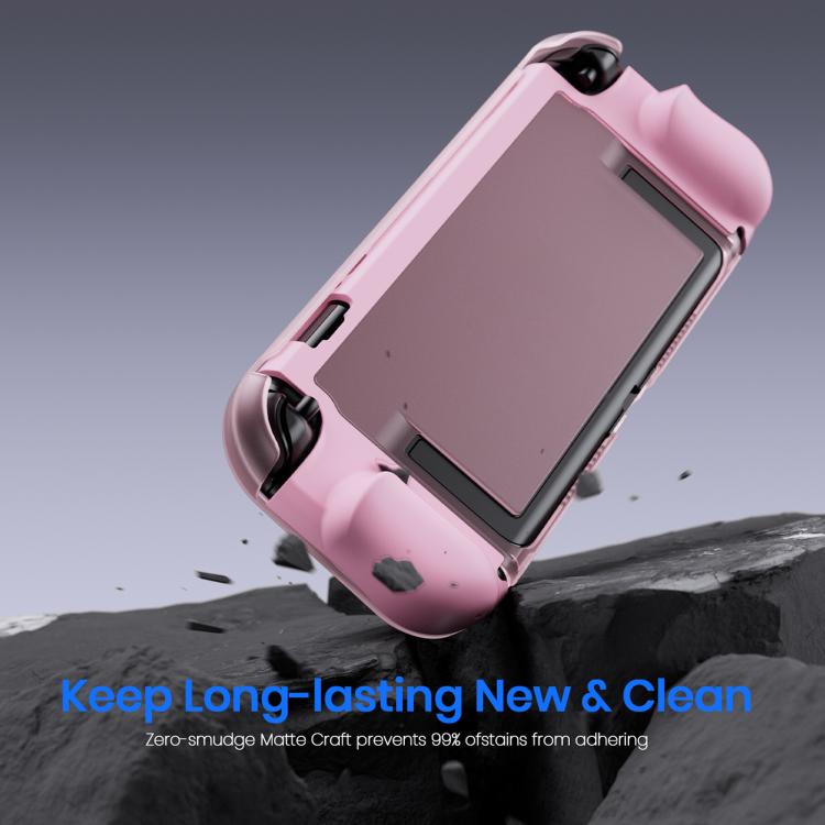 Pink TPU protective armor case with front cover on, angled view of side cutouts