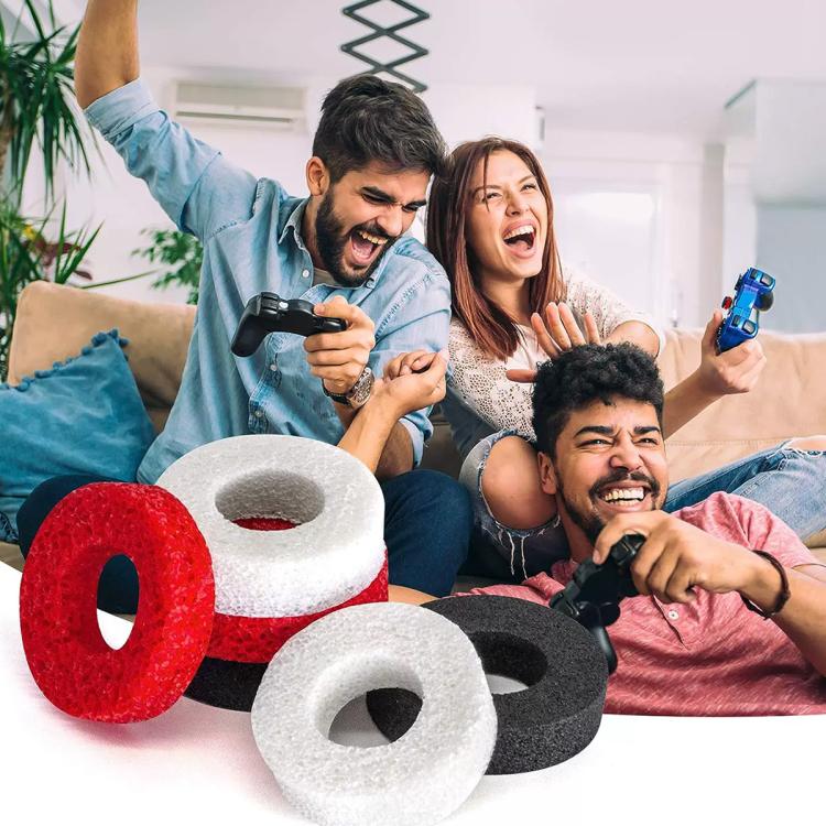 Six silicone aiming rings in red, white, and dark colors with controllers nearby