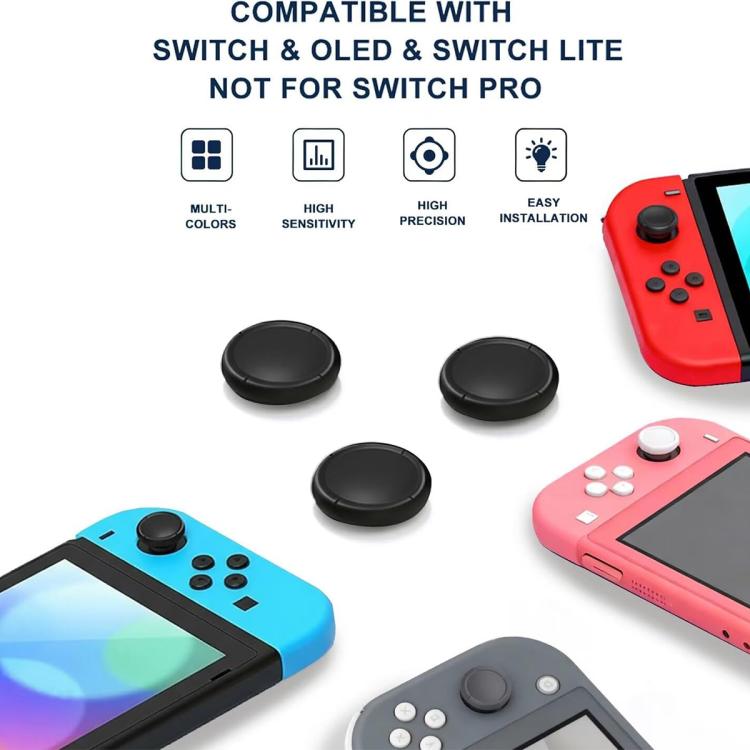 Three black joystick thumb grip caps with blue and red game controllers