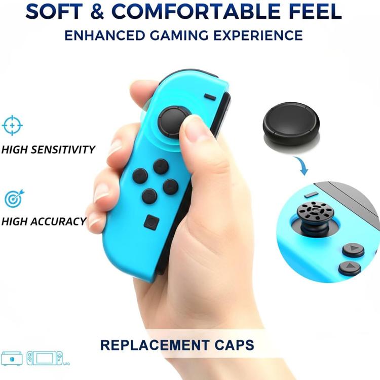 Blue game controller with black joystick thumb grip cap, held in hand