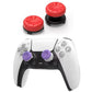 Two-piece thumbstick extender caps with anti-slip textured grips in red and purple