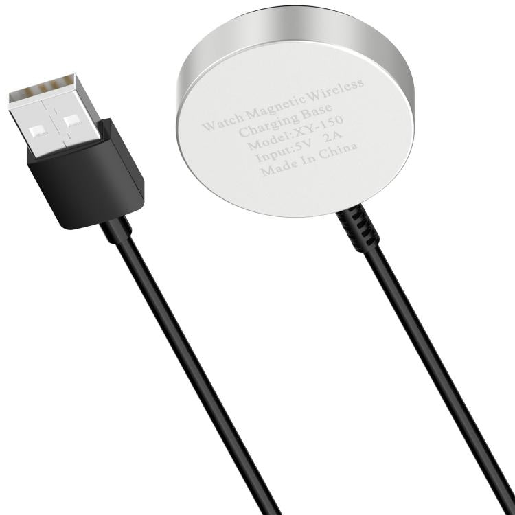 Back of the silver magnetic charging puck and black USB-A cable