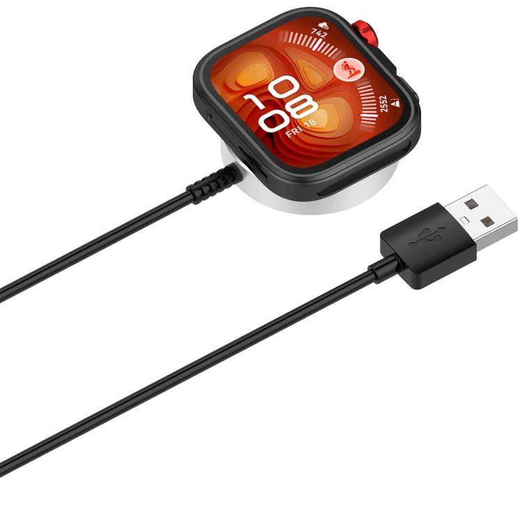 Black magnetic smartwatch charger attached to a smartwatch, with USB-A plug