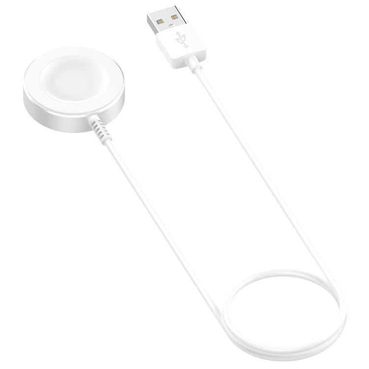 White magnetic smartwatch charging cable with round charging puck and USB-A plug