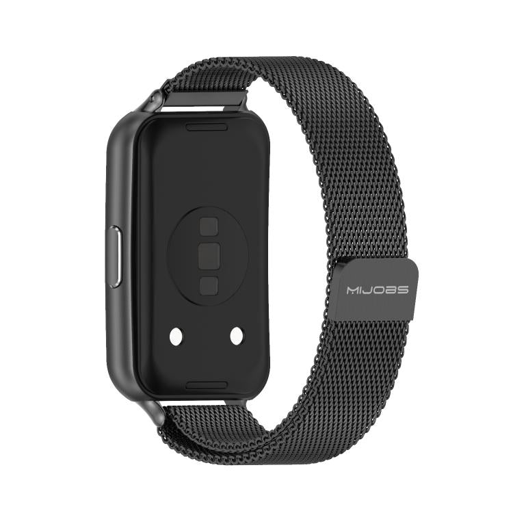 Back view of a black Milanese stainless steel watch band attached to a smartwatch.