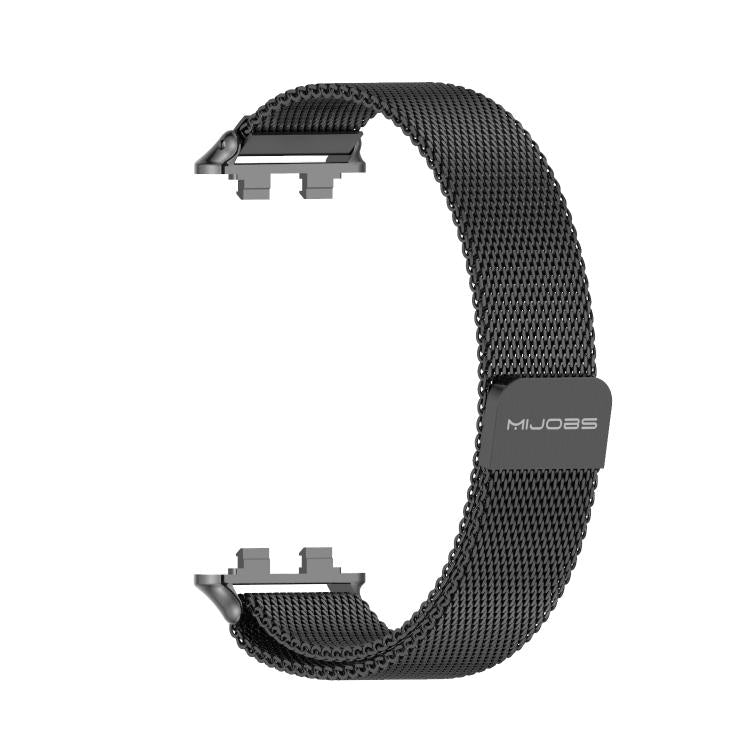 Black Milanese stainless steel watch band with magnetic clasp and exposed connectors.
