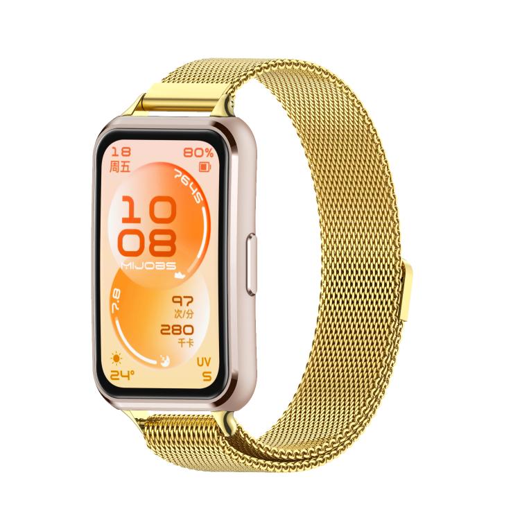 Gold Milanese stainless steel magnetic watch band shown attached to a smartwatch.