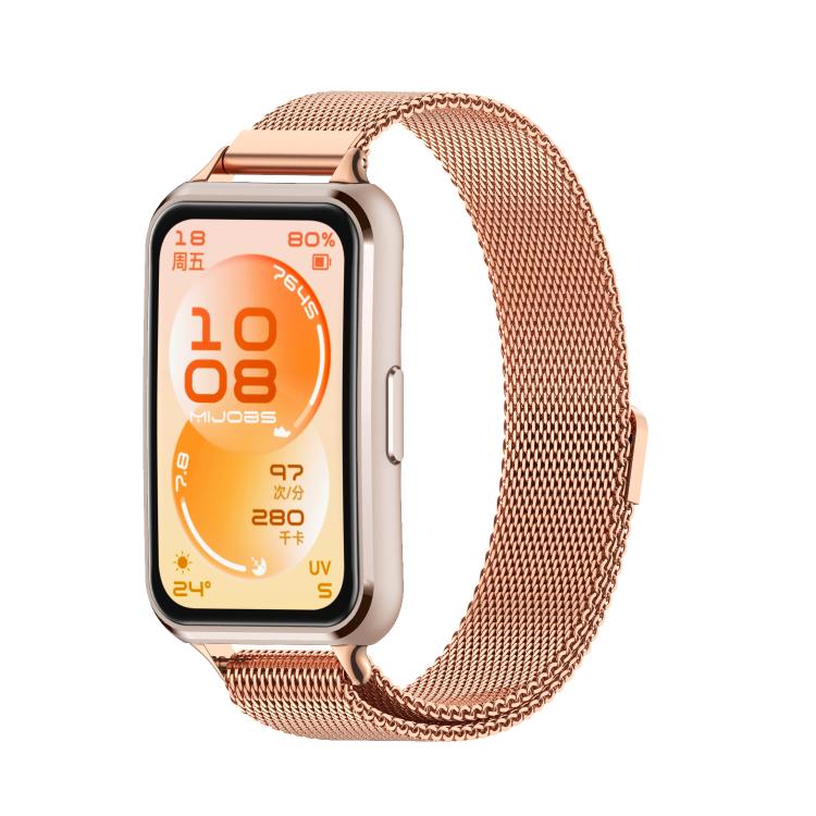 Rose gold Milanese stainless steel magnetic watch band attached to a smartwatch.