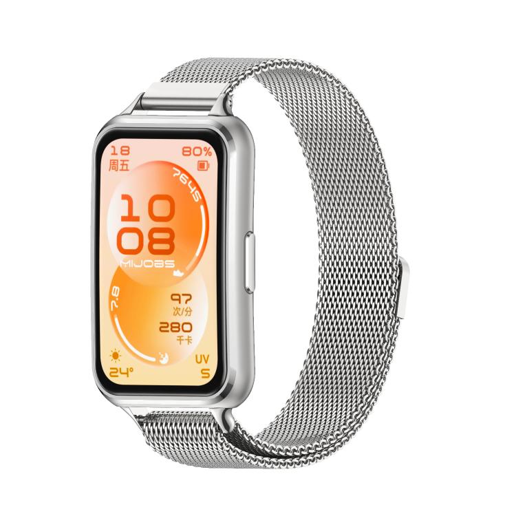 Silver Milanese stainless steel magnetic watch band shown attached to a smartwatch.