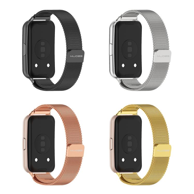 Milanese stainless steel magnetic watch bands in black, silver, rose gold, and gold.
