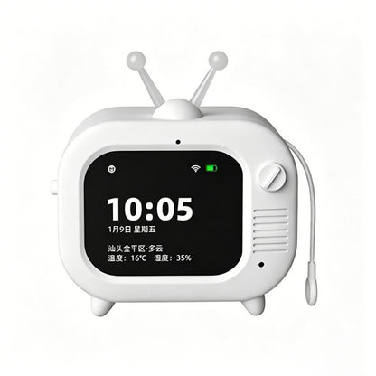 White AI smart toy robot TV with dual antennas and a lit clock screen