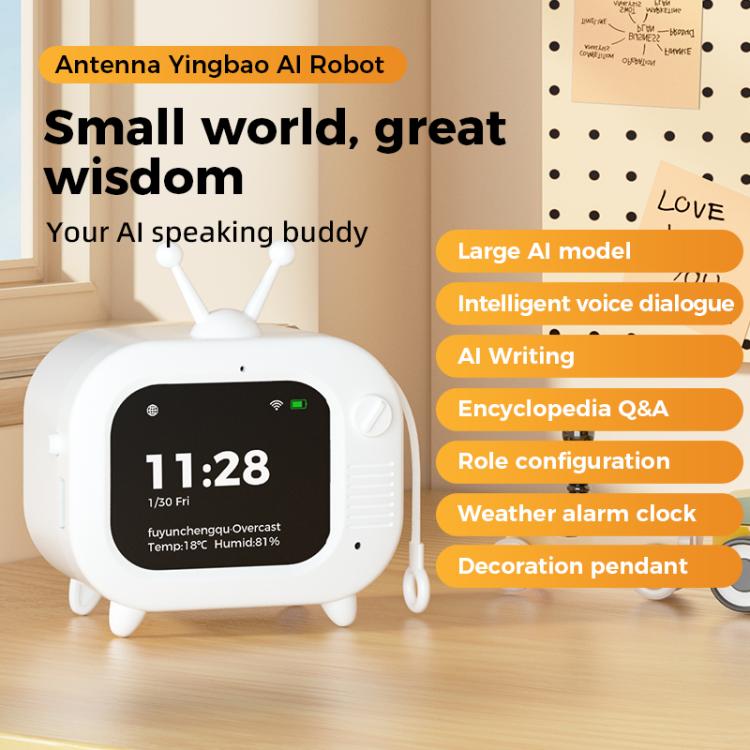 White AI robot TV toy with dual antennas and a dark display showing time