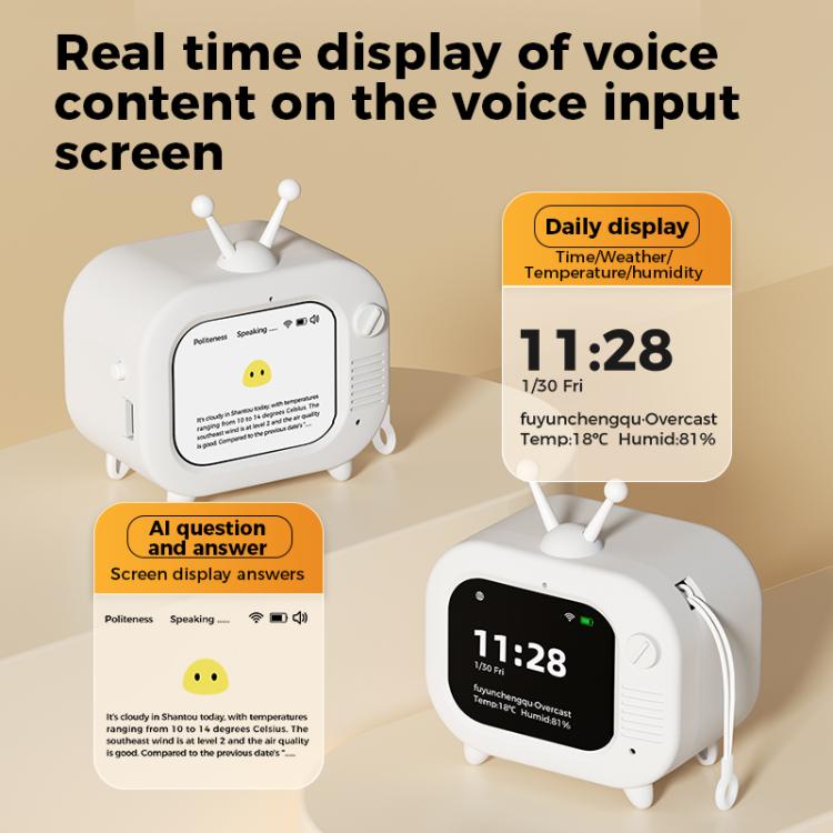 White AI smart robot TV with dual antennas and two lit display screens for voice content