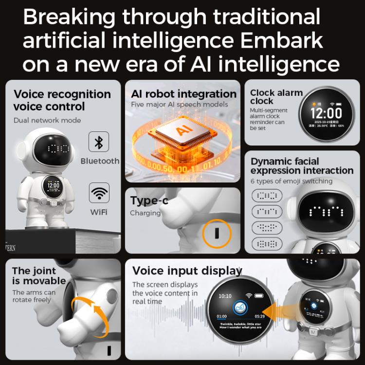 White AI robot toy with front display and movable arms, shown in feature views