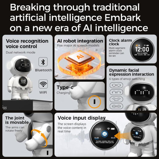 White AI robot toy with front display and movable arms, shown in feature views