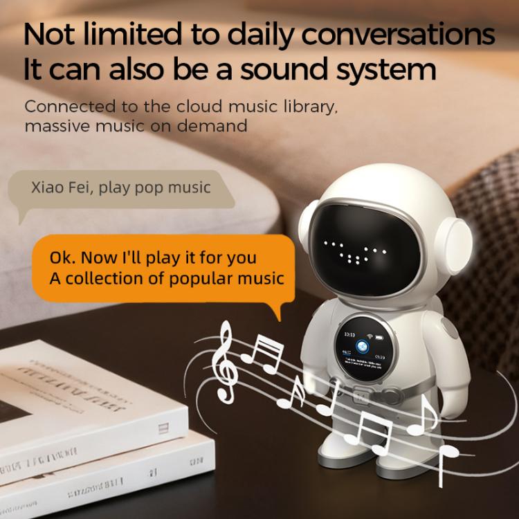 White companion robot toy with dark face display and circular clock screen