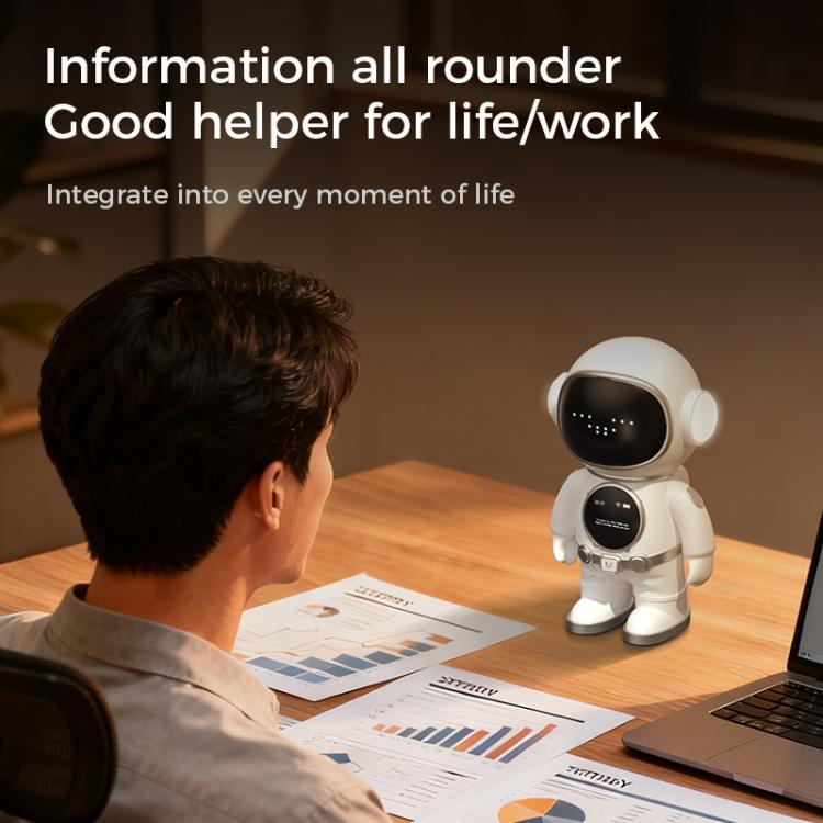 White smart companion robot toy with front speaker-like face display and legs