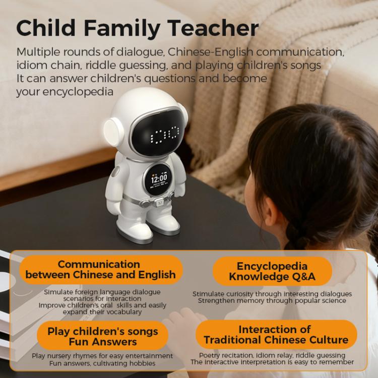White AI robot toy with glowing face display and round clock panel on base