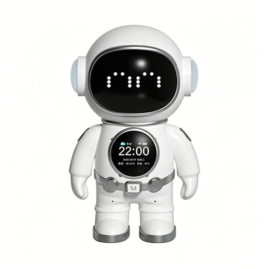 White AI companion robot toy with large front display and small clock screen