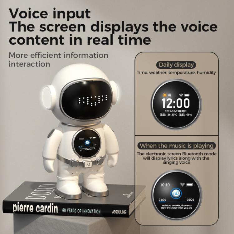White desktop AI robot toy with front face display and round clock screen
