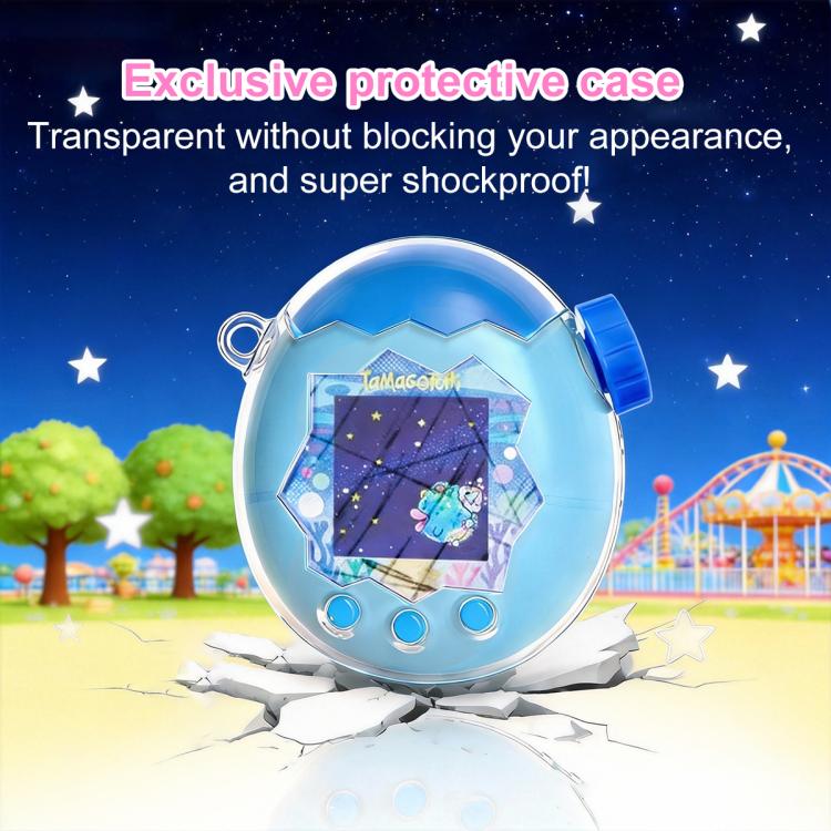 Transparent crystal protective case, blue-tinted oval shell with hinged top and buttons
